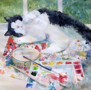 SECOND PLACE: Done for the Day by Sue Kemp
This is a delightful painting because it is cozy, warm, and inviting without being cute or illustrative.  It is painterly.  The brush marks are loose and artistic, not tight or prescribed.  The composition is a nice dance between the palette and kitty.  There is enough patterning to carry the eye around the painting.  The direction of light from left to right is good.  It is a handsome painting.