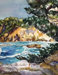 3.  Merit Award Golden Coast by Carol Sue Witt
This is tropical.  The turquoise blue is perfect next to the quin gold cliff.  The composition in the foreground leads the eye back to the tree and bluff.  The patterning in the sea leads the eye back to the distance.